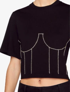 Sandro Rhinestone-applique Bustier Cotton T-shirt -Whistles Clothing Shop R04197710 NOIRGRIS ALT04